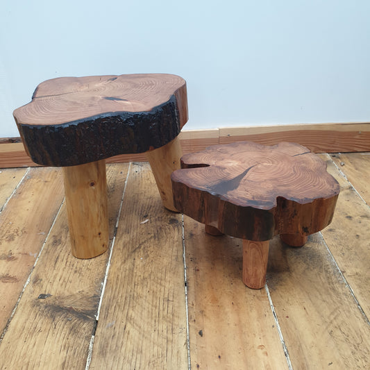 A 30cm and a 20cm stool with log ring tops and round, peeled tripod legs. One has a resin filled crack in the log slice with no bark on the edge, the other has some bark remaining.