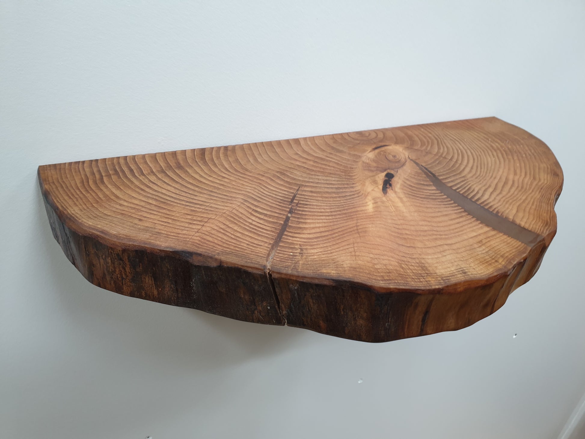 a half log ring floating shelf with little bark and a resin filled split