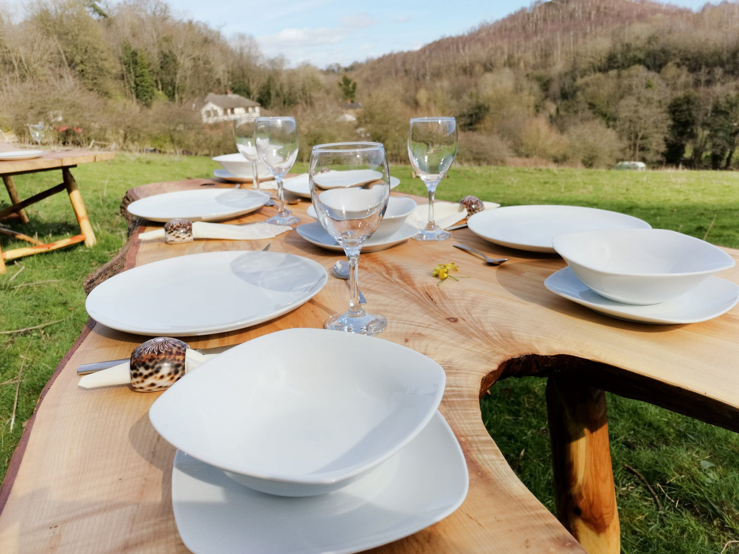 close up of wooden table laid with plates and dishes