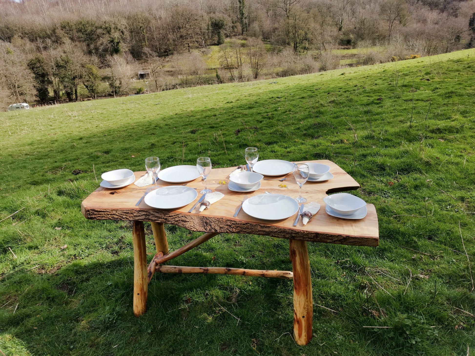 a table in a field set for a meal for 4
