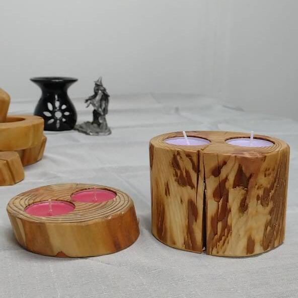 Comparison of a short log tea light holder with a tall log tea light holder