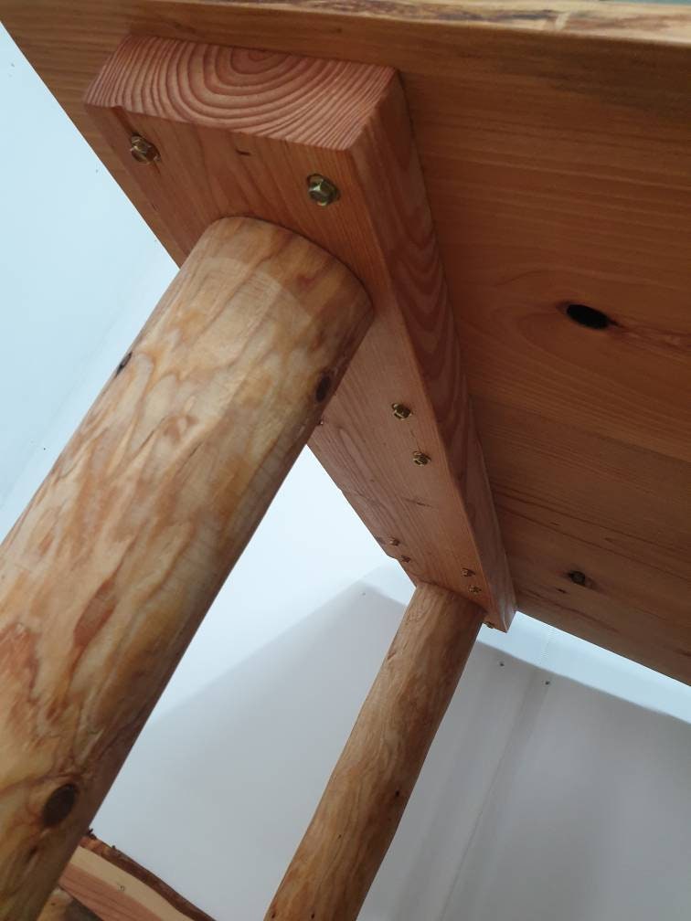 underside view of the bolts holding a wooden table together
