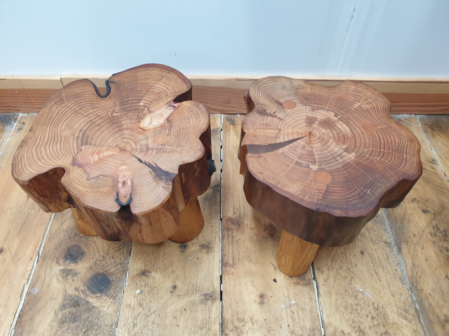 a downwards view on 2 beautiful barkless stools with amazing colour and grain definition on top.