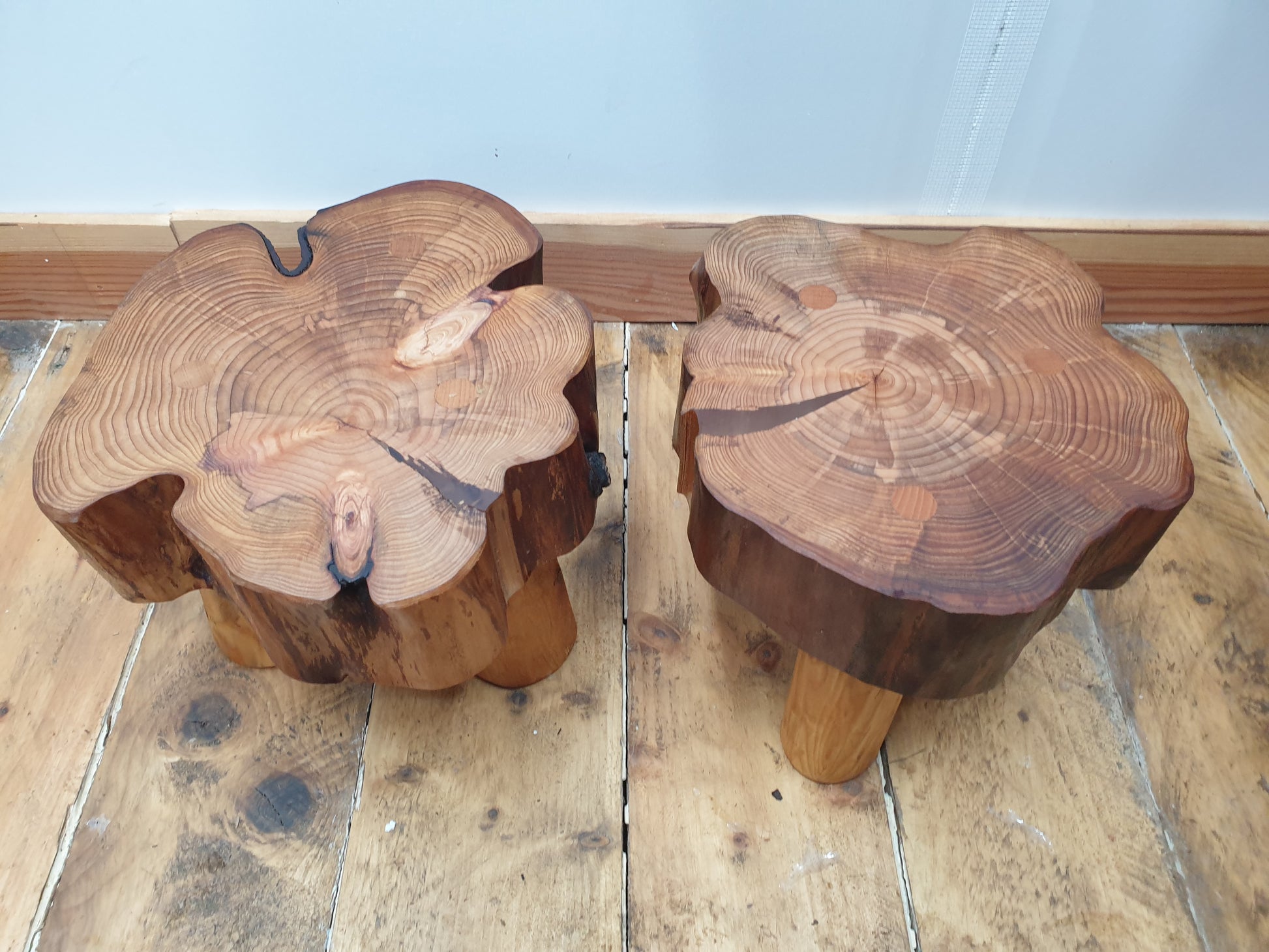 a downwards view on 2 beautiful barkless stools with amazing colour and grain definition on top.