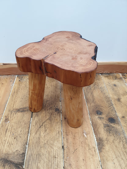 Another irregular shape stool with most of its bark missing. It has a small resin filled crack and great grain definition on the top.