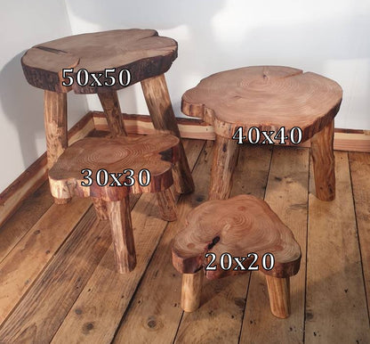 A photo of the 4 different sizes of stool i offer with the dimensions clearly written over the top so potential buyers can see the size difference in height and width.