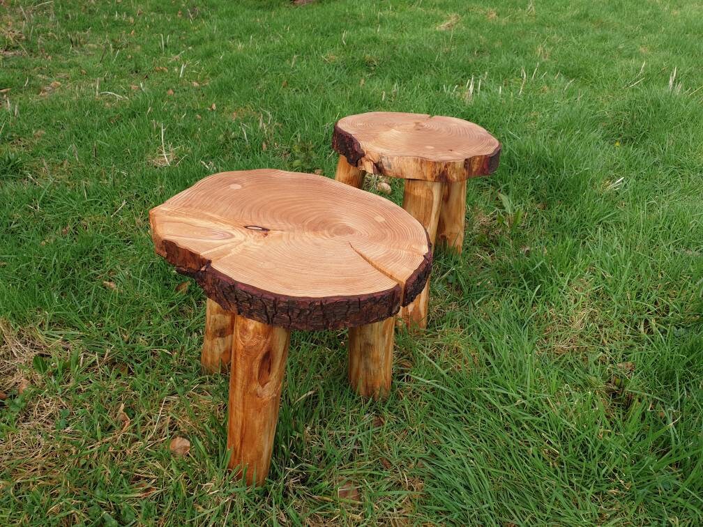A photo of a 40cm and a 30cm stool outside on some grass. 