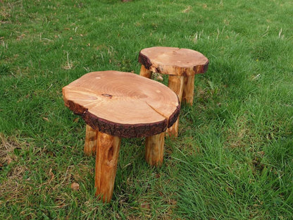A photo of a 40cm and a 30cm stool outside on some grass. 